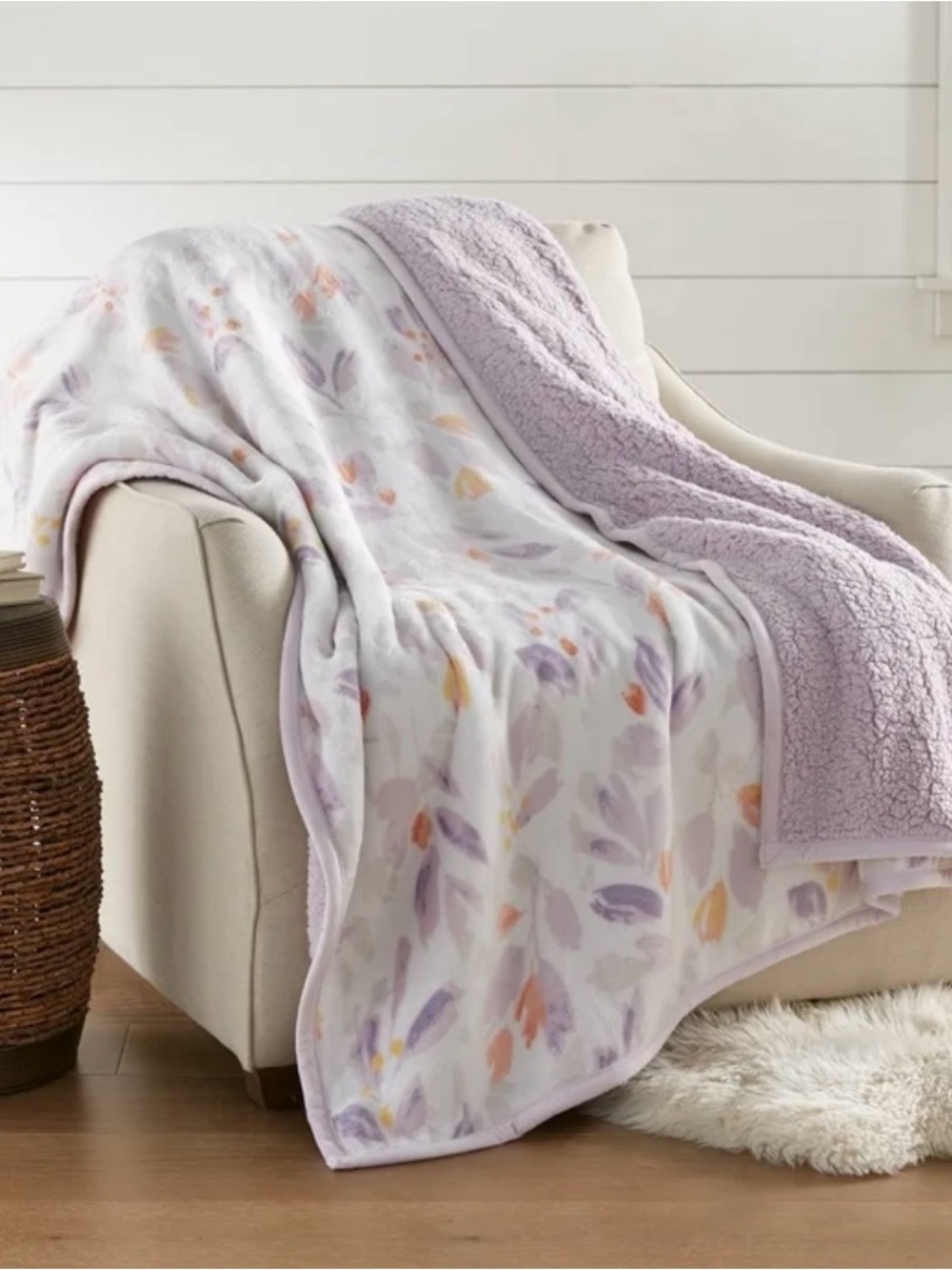 Velvet Plush Sherpa Throw 60" x 70" Throw, Anais Floral, Soft Cozy Home Bedding